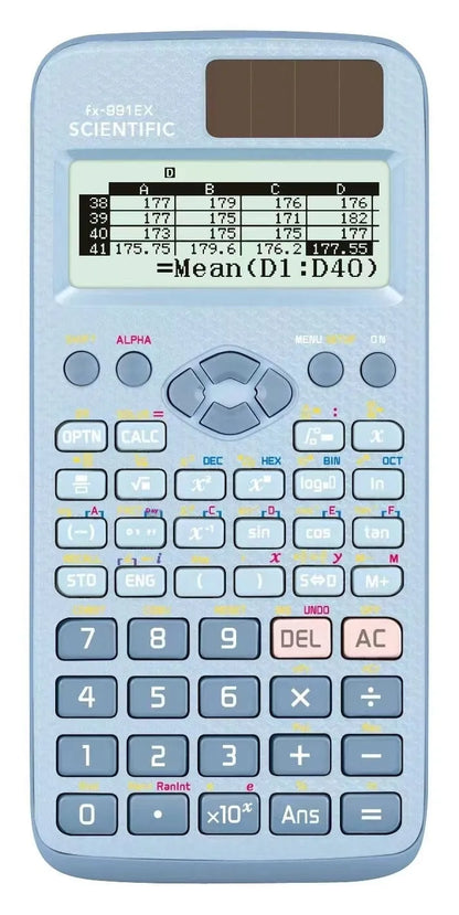 991EX scientific calculator in black, blue, or pink for complex statistics and algebra.