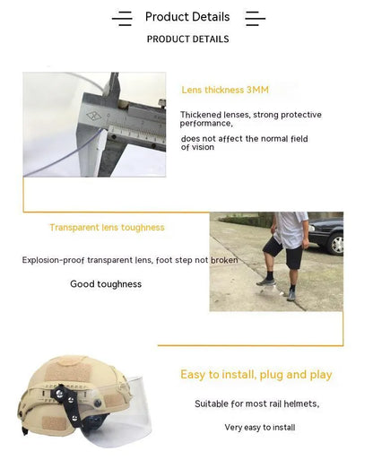 Transparent helmet face mask with clear PC lens for guide rail attachment