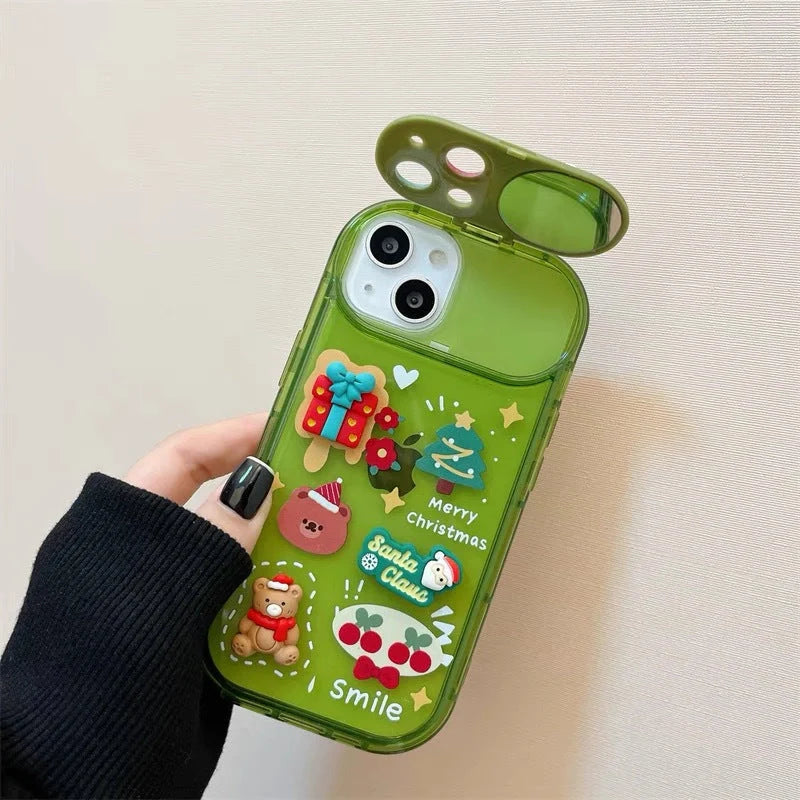 Festive Christmas Santa Claus Elk Hat Pendant Flip Phone Case for iPhone in rose red and green