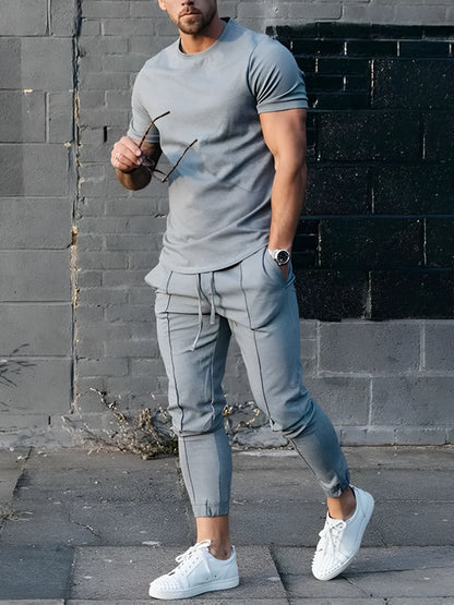 Men's grey short sleeve T-shirt tracksuit set with full-length trousers, chemical fiber blend, sizes S to XXXL