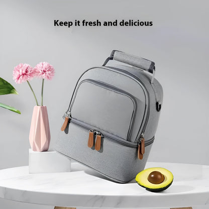 Grey women's thermal insulation backpack made from Oxford cloth with curved shoulder straps