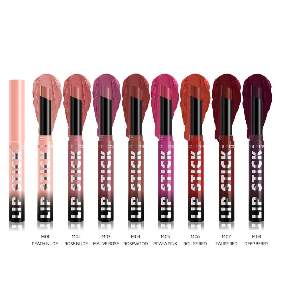 Dual-use lipstick and lip gloss stick showing eight shade options from nude to berry colours