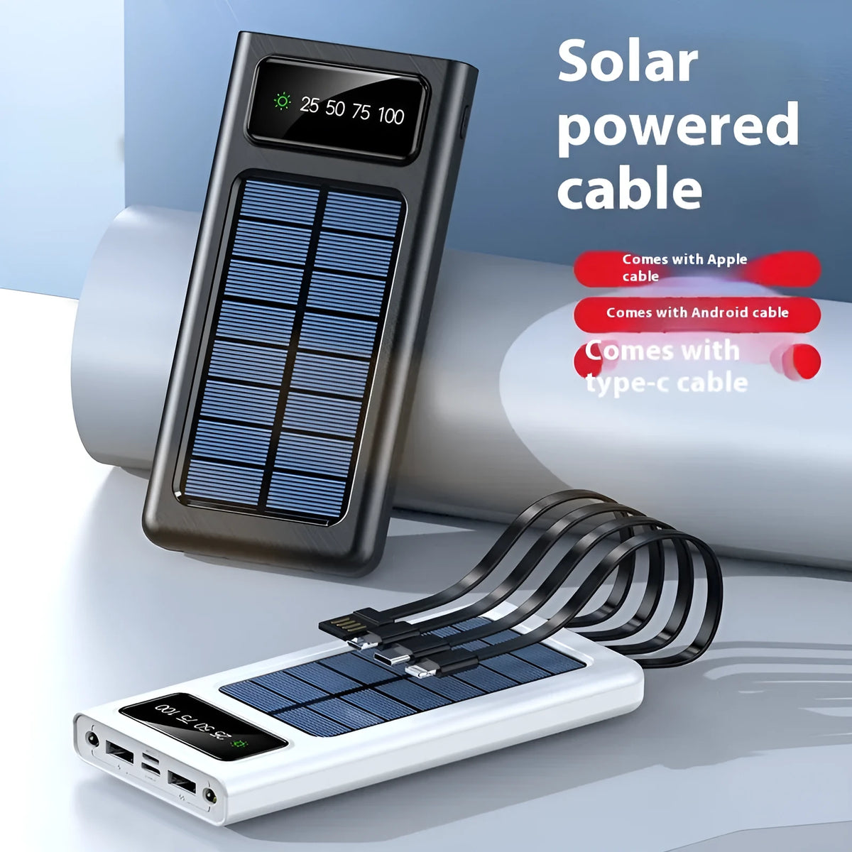 Black solar power bank with built-in charging cable showing solar panel and 20000mAh capacity label