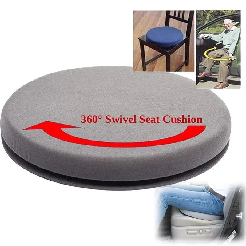 Circular car seat cushion with rotation feature and non-slip base, showing short plush cloth cover