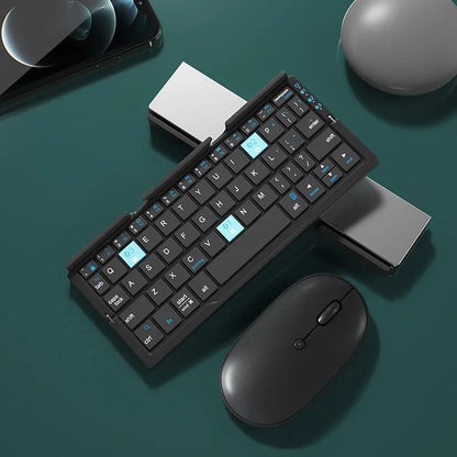 Silver aluminium folding Bluetooth keyboard with phone stand showing open and closed positions