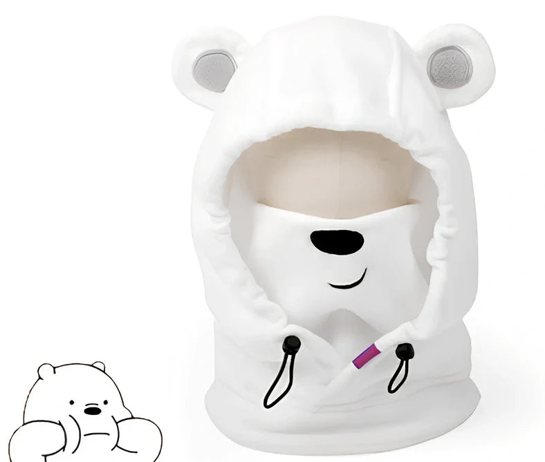 Ski helmet cover with cartoon animal designs including brown bear and white bear patterns for winter sports