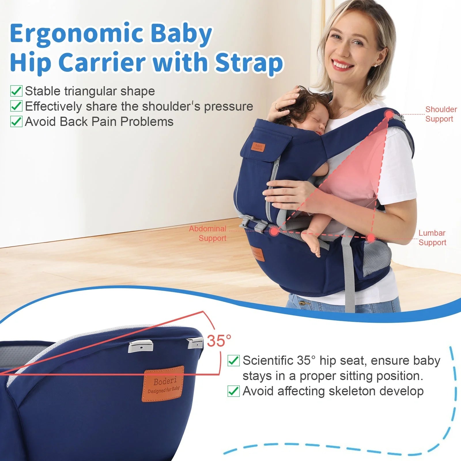 Dual-purpose baby carrier waist stool for newborns and toddlers in light blue, grey, and dark blue