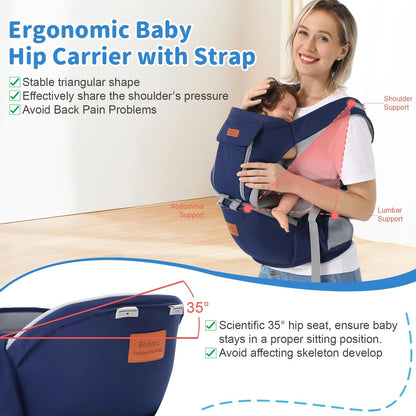 Dual-purpose baby carrier waist stool for newborns and toddlers in light blue, grey, and dark blue