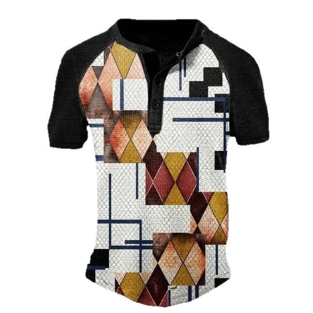 Men's simple lapel button short sleeve sport shirt in polyester bird eye cloth, shown in a neutral colour.