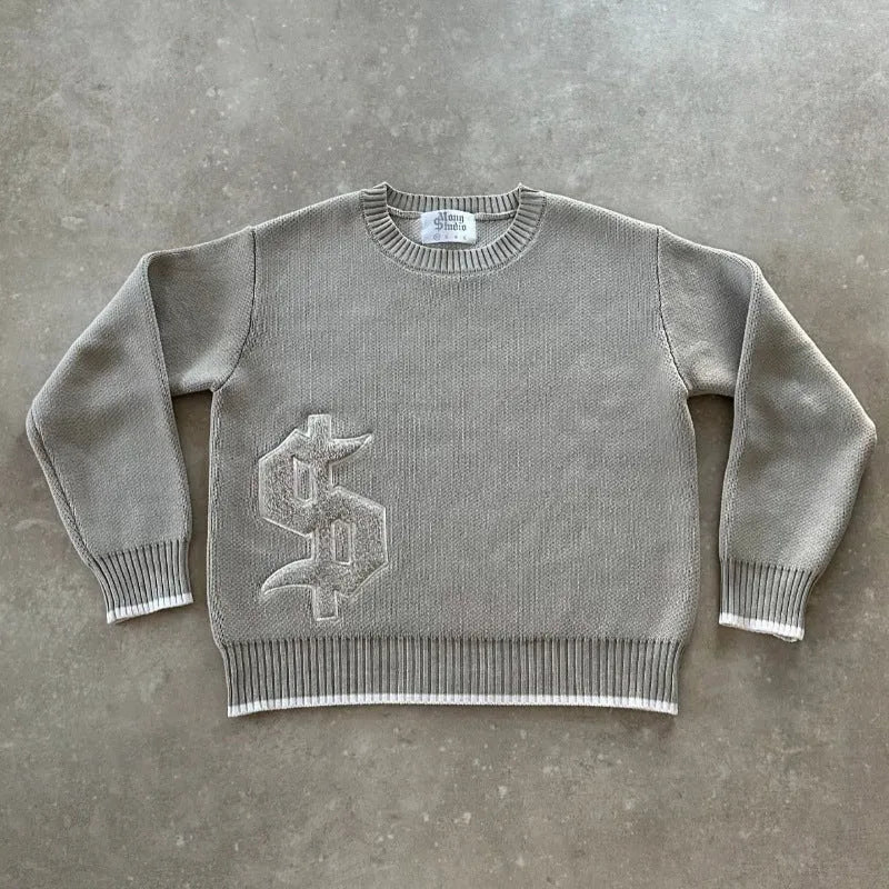 Grey jacquard loose-fitting knitwear coat with long sleeves for autumn winter