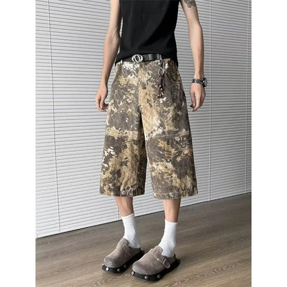 Yellow snake pattern tooling camouflage cropped jeans with 100% cotton denim, shown in sizes S to 3XL