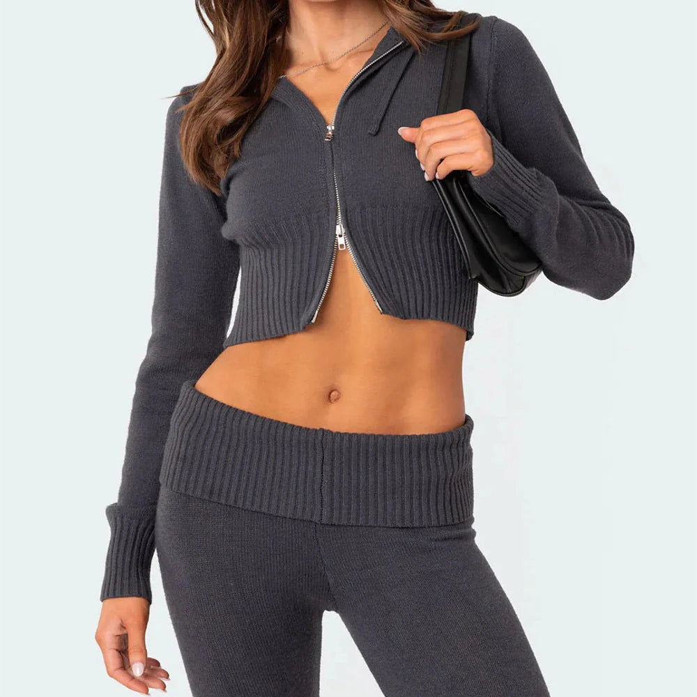 Women's stylish knitted hooded suit with flared pants in various colors