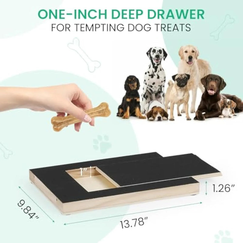 Dog nail scratch board with treat box, dog file board nail grinder board scratch pad for all dog sizes, wooden nail trimming toy with manual treat drawer switch and non-slip pads for stable floor placement