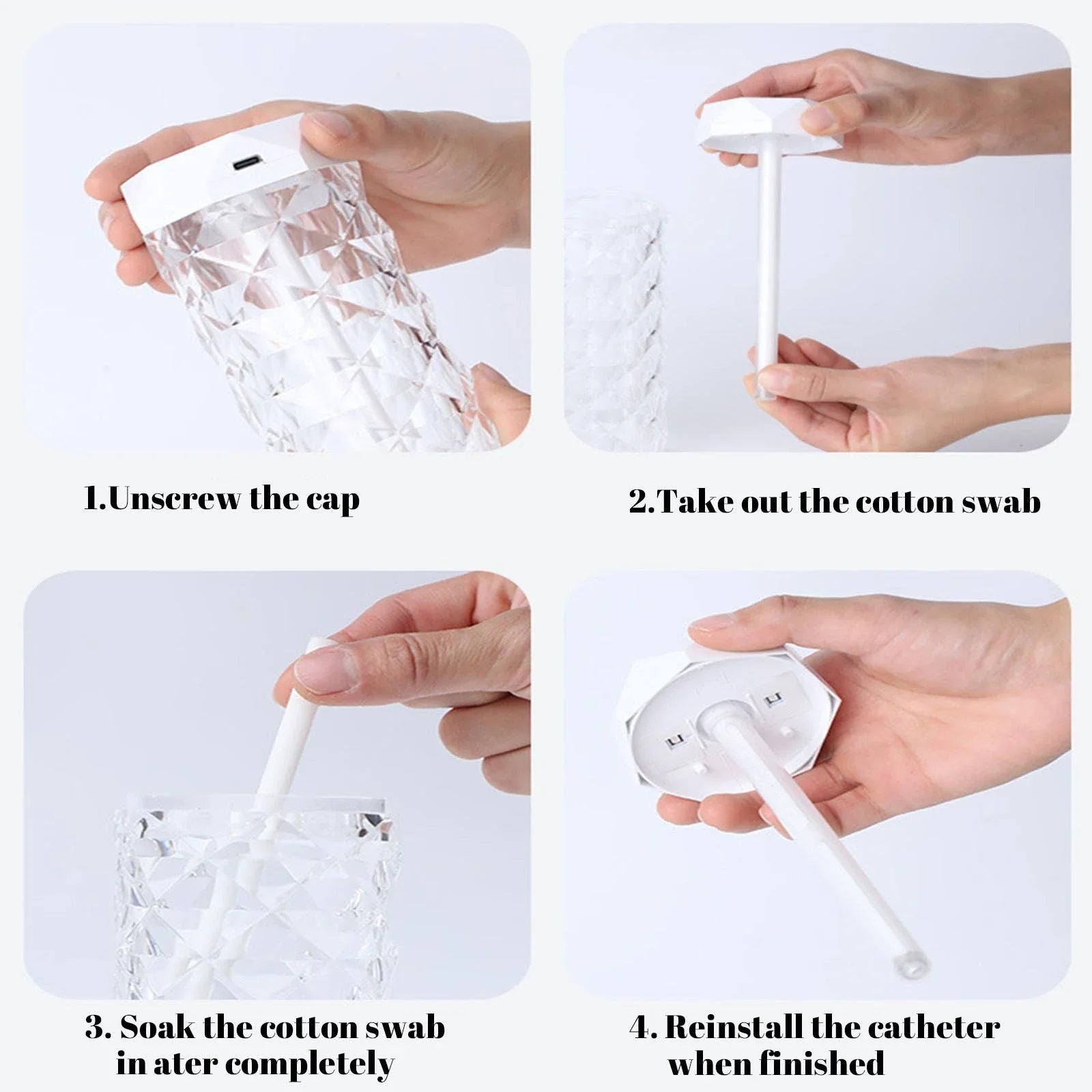 Crystal-like lamp humidifier with adjustable mist and lighting for a soothing, relaxing atmosphere