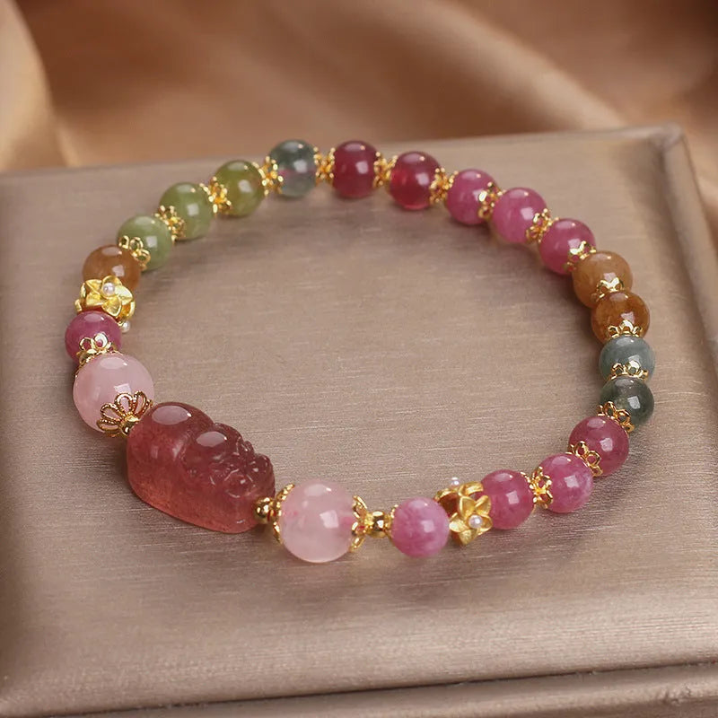 Women's pink and red crystal bracelet with strawberry quartz and tourmaline beads