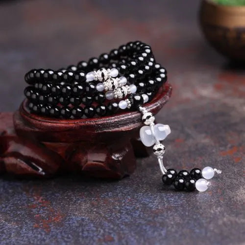 Natural red and black agate 108 beads bracelet with geometric number design