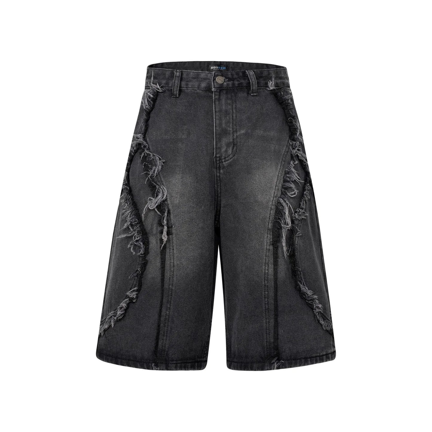 Men's distressed light blue denim shorts with raw edge hem and straight-leg cropped fit on a grey background.