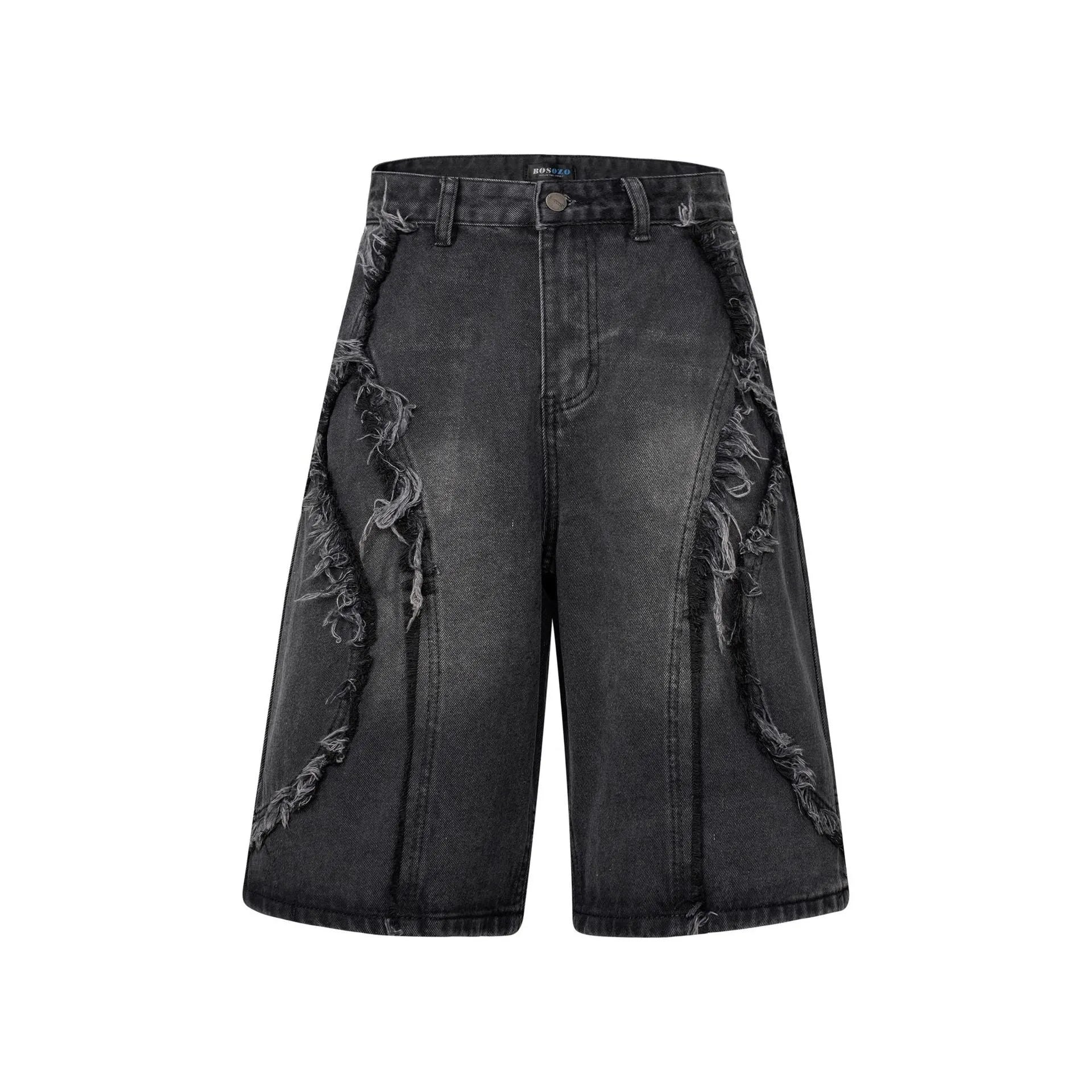 Men's distressed light blue denim shorts with raw edge hem and straight-leg cropped fit on a grey background.