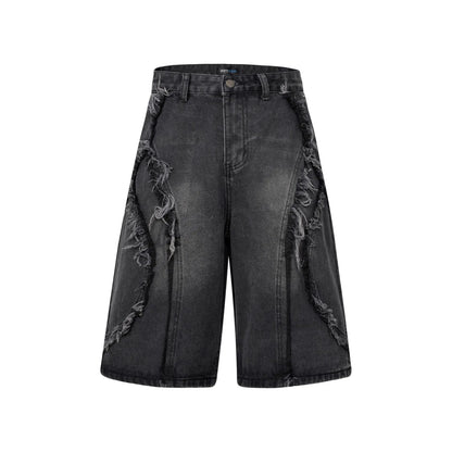 Men's distressed light blue denim shorts with raw edge hem and straight-leg cropped fit on a grey background.