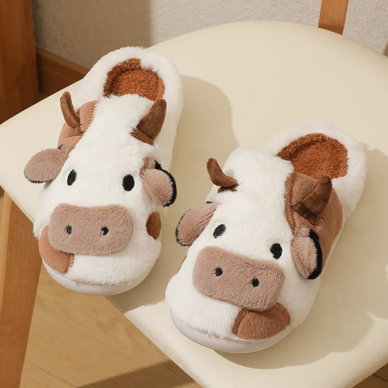 White cow animal slippers with plush faux fur and non-slip PVC soles for women