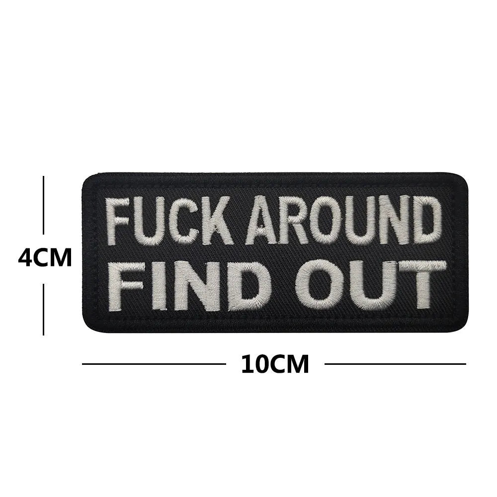 FAFO reflective nylon badge for night safety, shown in black cloth with white characters and other colour options