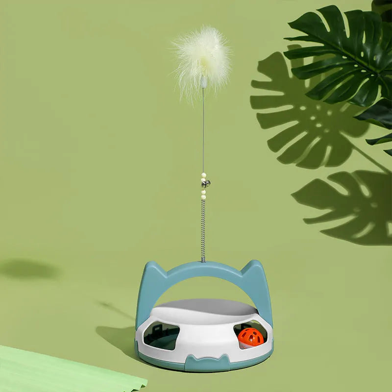 Bite-resistant cat play stick with spinning ball toy on a flexible wire, in blue colour.