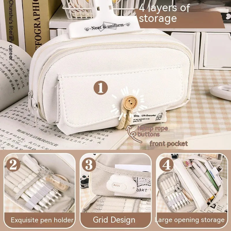 Korean style canvas pencil case with button closure, shown in beige, holding multiple pens.