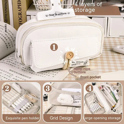 Korean style canvas pencil case with button closure, shown in beige, holding multiple pens.