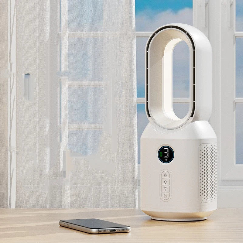 Multifunctional bladeless fan with Bluetooth speaker and LED night light for home decor and cooling comfort