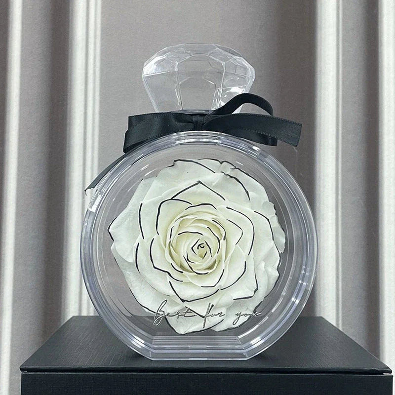 Preserved dried rose floral ornaments in a transparent display, available in various colors for home decor and special occasions