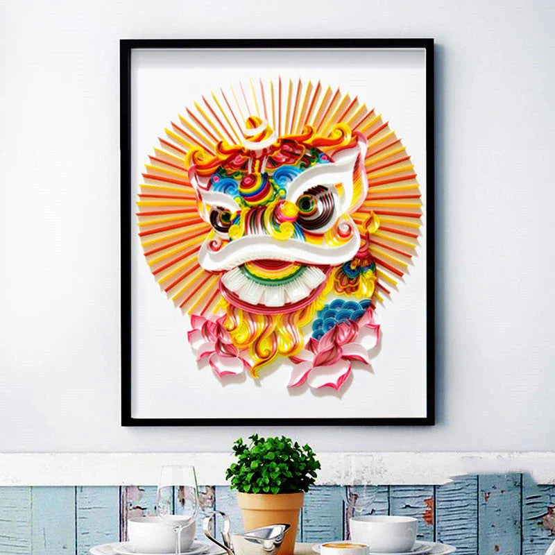 Quilted paper illustration material set featuring various animal designs, including deer, tiger, wolf, fish, crane, flame bird, boat, horse, phoenix, dragon, and lion