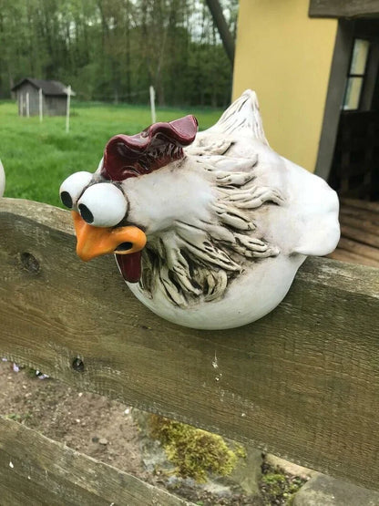 Resin chicken garden ornament with vibrant colours and charming design, adding whimsical appeal to outdoor British garden display