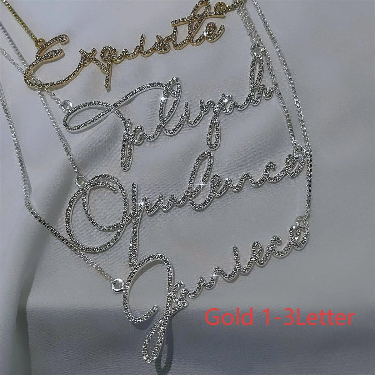 Personalised diamond-studded letter name necklace in stainless steel with silver chain