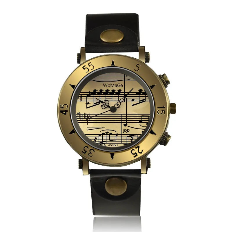 Men's fashion watch with music note symbol on dial, shown in multiple colour options.