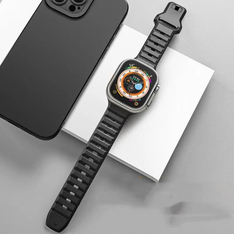Fluoro rubber Apple Watch strap with T-buckle closure in black, orange, grey, starlight, pink or blue