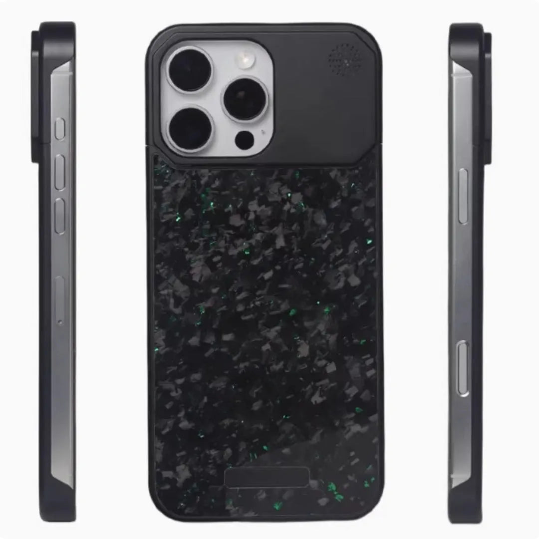 Frameless metal aromatherapy phone case with forged fiber pattern and magnetic charging for iPhone 15 Pro to 16 Pro Max