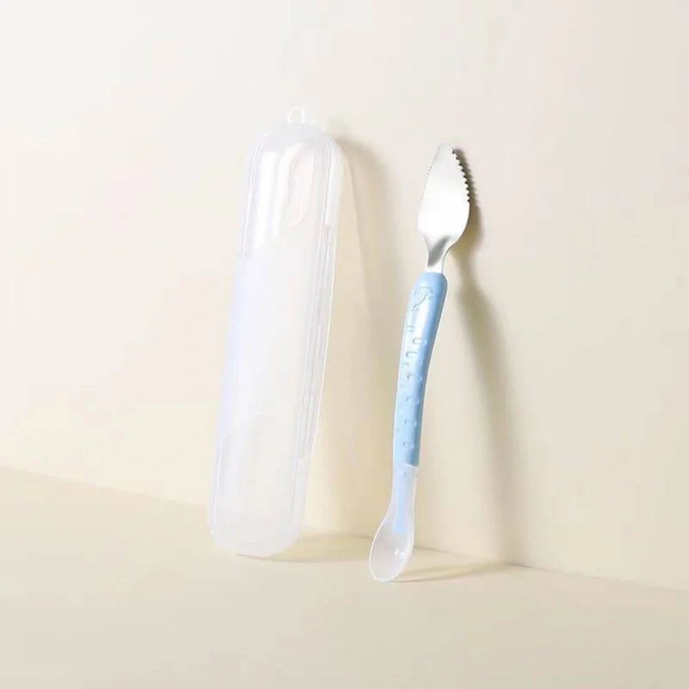 Stainless steel dual-headed baby food spoon in various colours for easy feeding