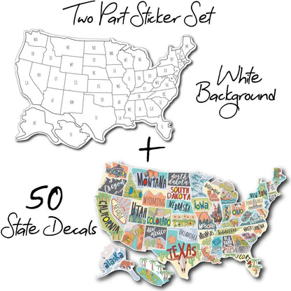 Travel-themed car body sticker set with world map design in letters format and white background