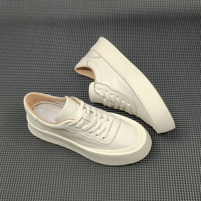 Men's Board Shoes in Genuine First-Layer Cowhide with Rubber Sole and Thick Platform Sole, Low-Top Design with Round Toe for Height Increase, Breathable and Non-Slip Options in White, Black, and Yellow Sizes 38 to 43