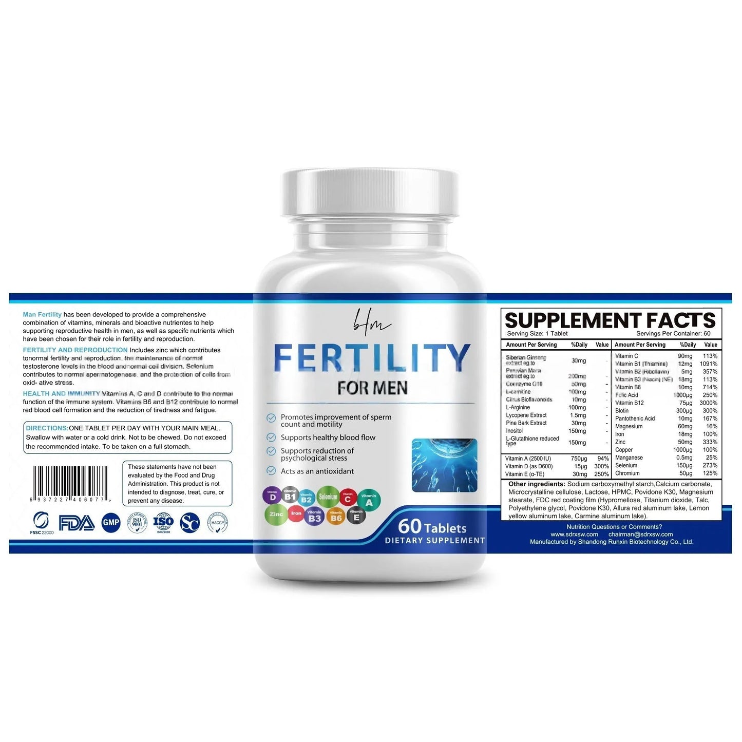 Sealed bottle of 60 male fertility tablets with vitamin mineral complex label.