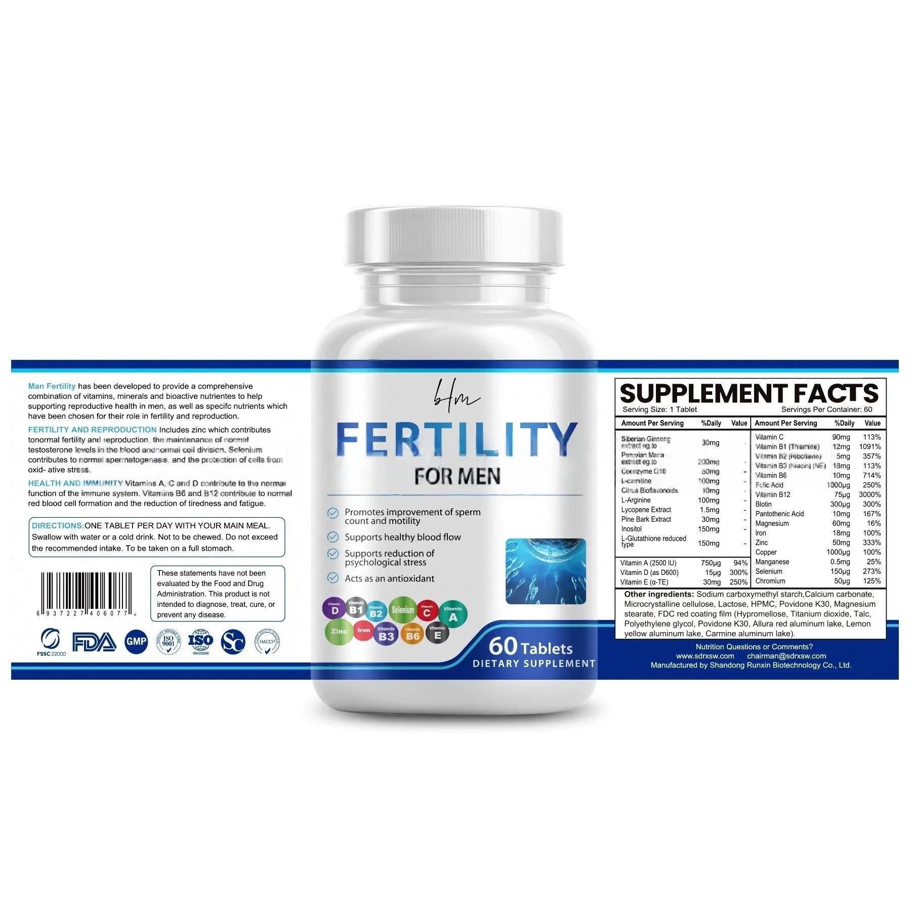Sealed bottle of 60 male fertility tablets with vitamin mineral complex label.