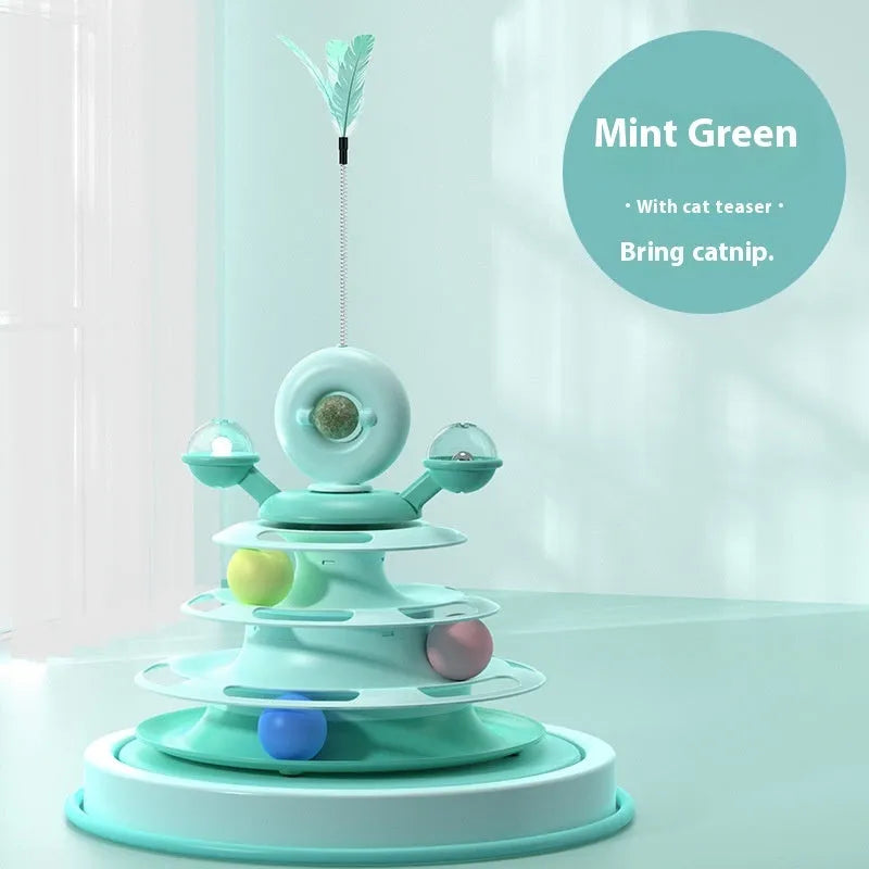 Four-level cat toy turntable tower with roller balls and 360-degree top ball in PP