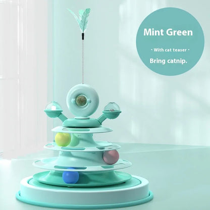 Four-level cat toy turntable tower with roller balls and 360-degree top ball in PP