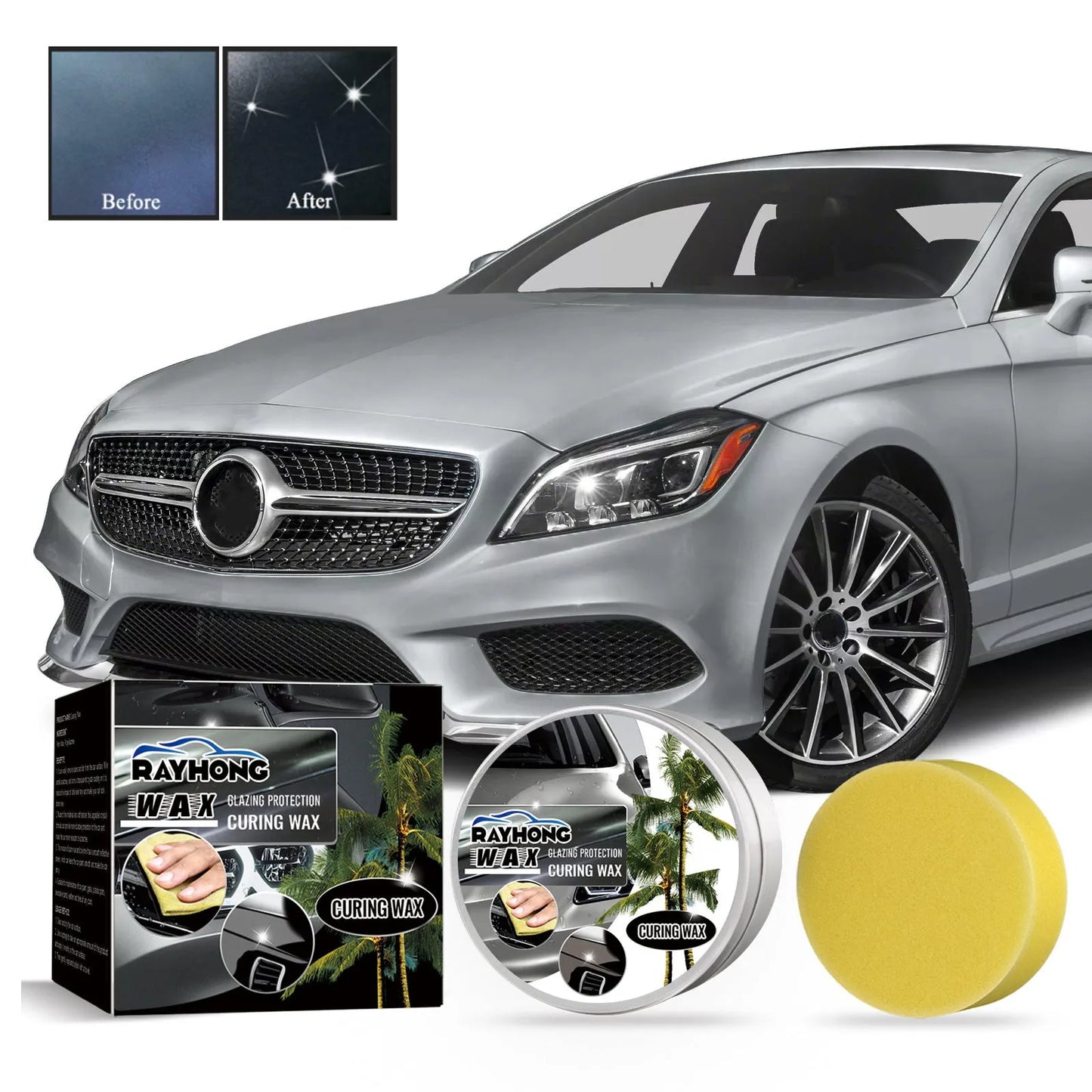 Car coating wax block and two applicator sponges for paint renovation and protection.