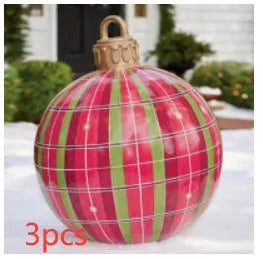 Large 60cm inflatable PVC Christmas decoration ball in bright colours for outdoor garden or tree display.