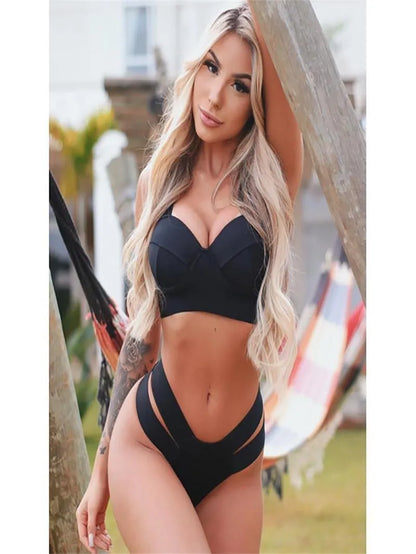 Women's rose red and black contrast colour bikini swimsuit with push-up support.