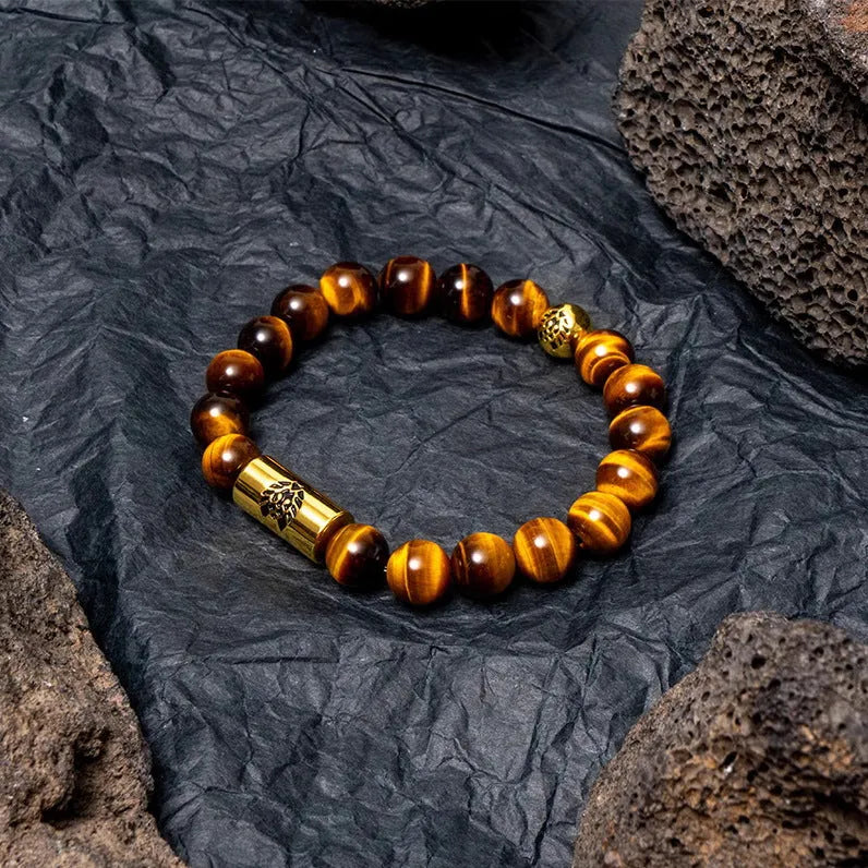 Little Lion ethnic geometric bracelet made from brown Bodhi seed beads on a wrist.