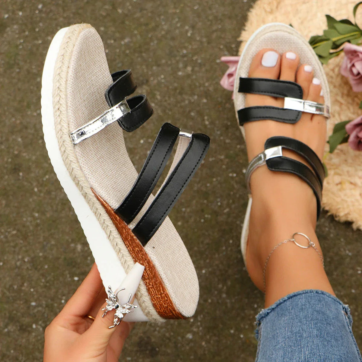 Stylish color block wedge sandals for women, featuring a unique design, comfortable wedge heel, and breathable hemp sole