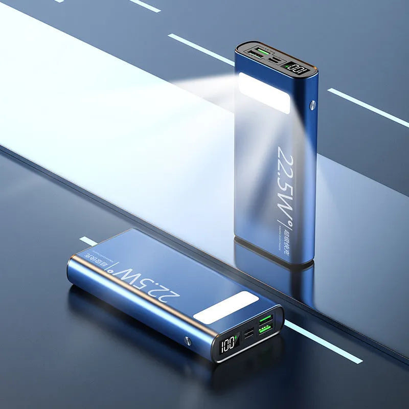 Alloy shell power bank in black, blue, green, or red colours showing LCD display and LED flashlight