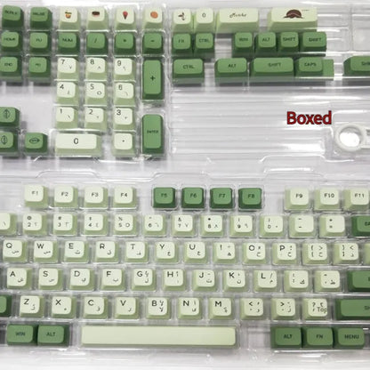 Matcha-themed PBT keycap set with 124 keys and dye-sublimated legends in multiple languages